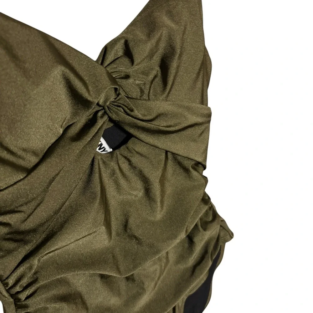 DKNY Womens Twist Front One Piece‎ Swimsuit S Olive Ruched Shaping Metallic - Picture 5 of 6